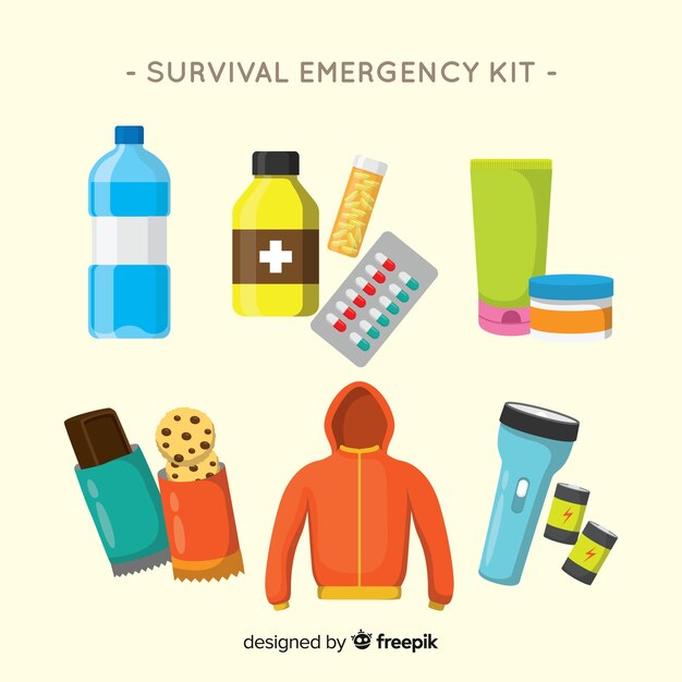 Creative emergency survival kit in flat style