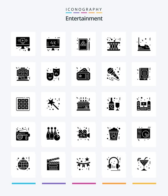 クリエイティブ エンターテイメント 25 グリフ ソリッド ブラック アイコン パック マルチメディア ドラム テレビ ゲーム プールなど