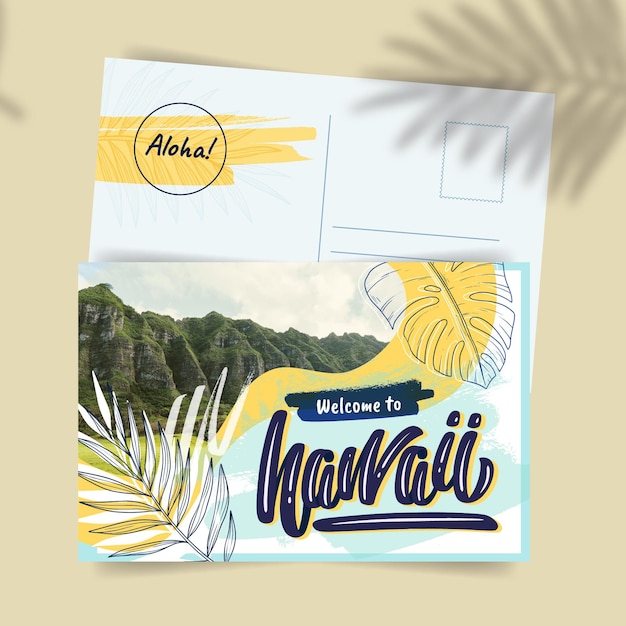 Vettore gratuito modello di cartolina di viaggio esotico creativo hawaii