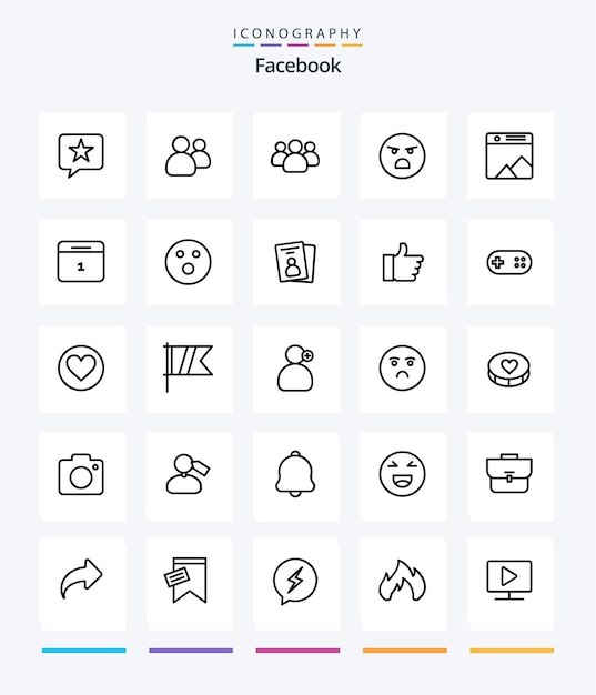 Креативный пакет значков Facebook 25 OutLine, такой как дата, веб-галерея смайликов, изображение