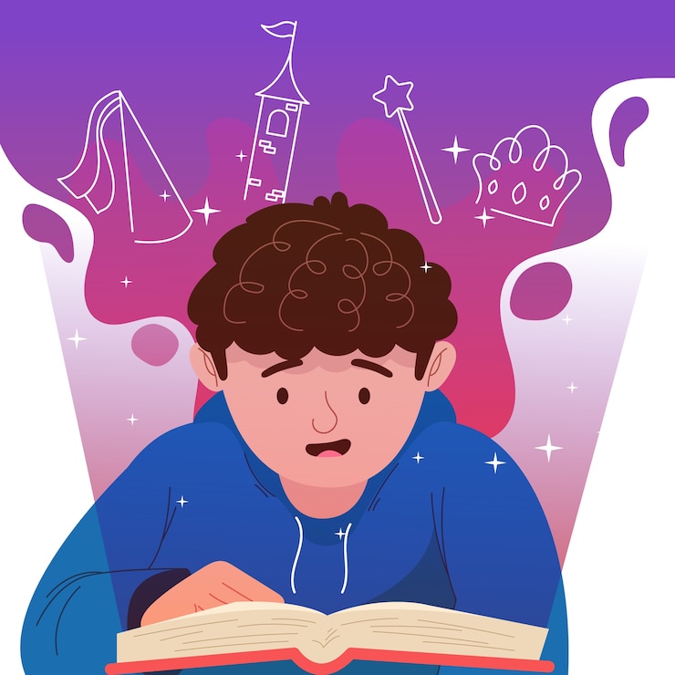 Free Vector creative fairy tale illustration of boy reading
