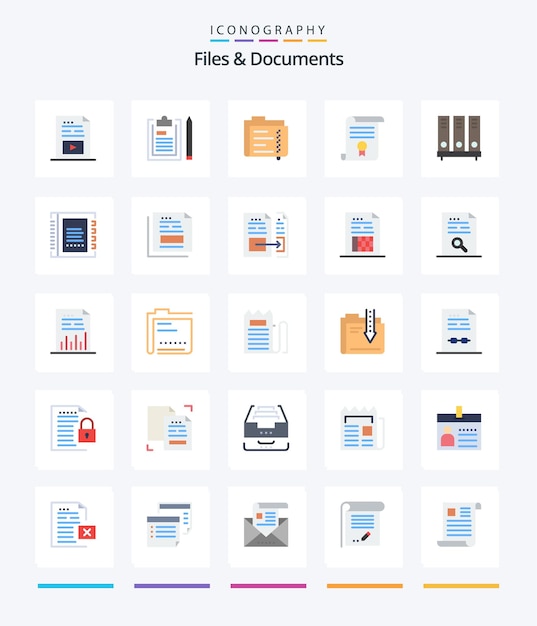 Бесплатное векторное изображение creative files and documents 25 пакет плоских значков, таких как папка блокнота сертификата диплома