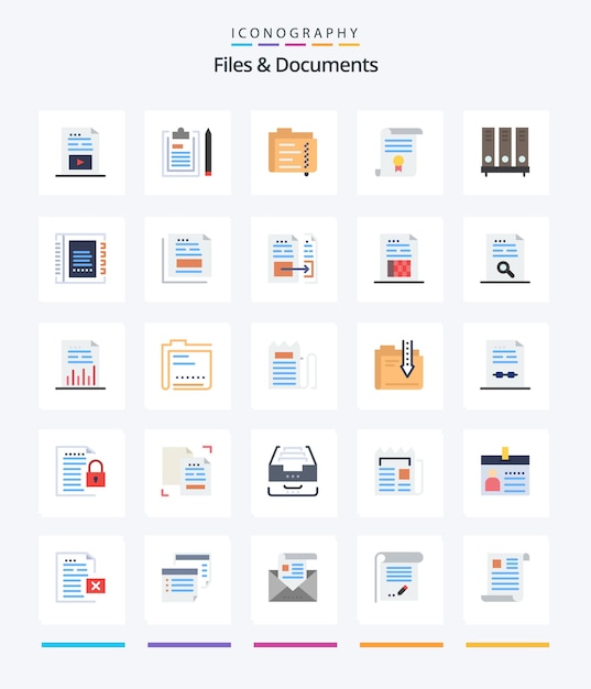 クリエイティブ ファイルとドキュメント 25 フラット アイコン パック 卒業証書、メモ帳、フォルダー、ドキュメントなど