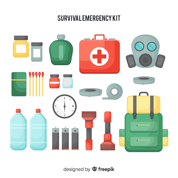 Vettore gratuito kit di sopravvivenza piatto creativo di emergenza