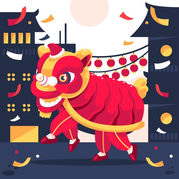 クリエイティブフラット獅子舞中国の旧正月と人のキャラクター