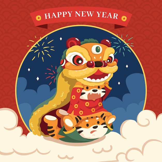 Creative Flat Lion Dance Chinese New Year with tiger character