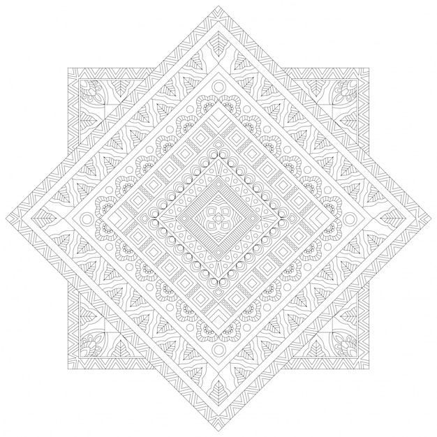 Творческий цветочный дизайн мандалы, Этнический орнамент для раскраски, Красивый декоративный элемент в квадратной форме.