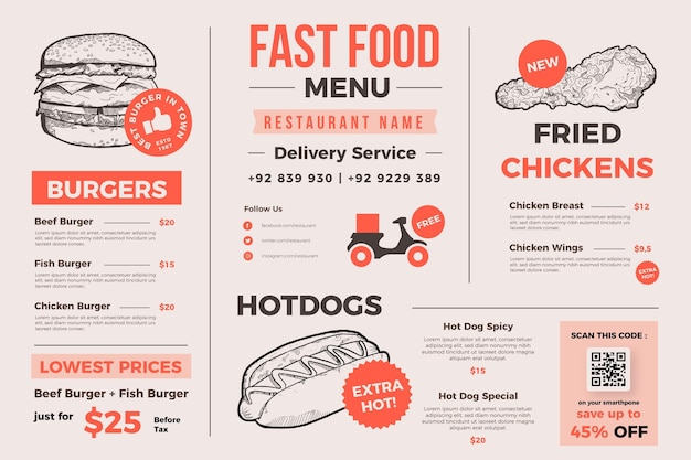 Free vector creative food menu for digital use