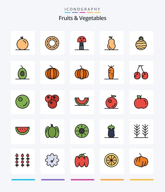 Creative fruits vegetables 25 line filled 아이콘 팩 과일 식품 야채 아보카도 과일