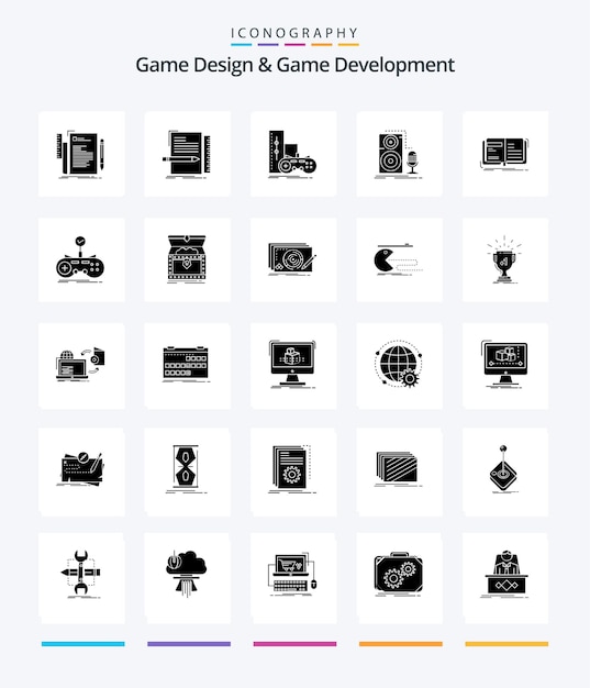 無料ベクター クリエイティブなゲーム デザインとゲーム開発 25 グリフ ソリッド ブラック アイコン パック オープン オーサー サウンド マイクなど
