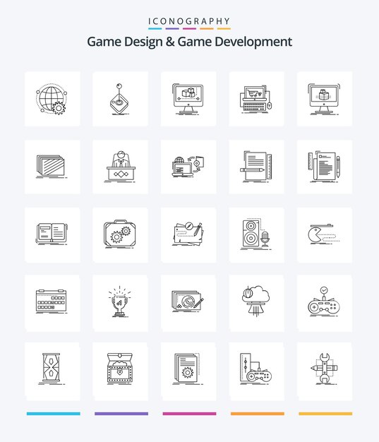 Creative Game Design And Game Development 25 OutLine icon pack Such As shop cart joystick software editor