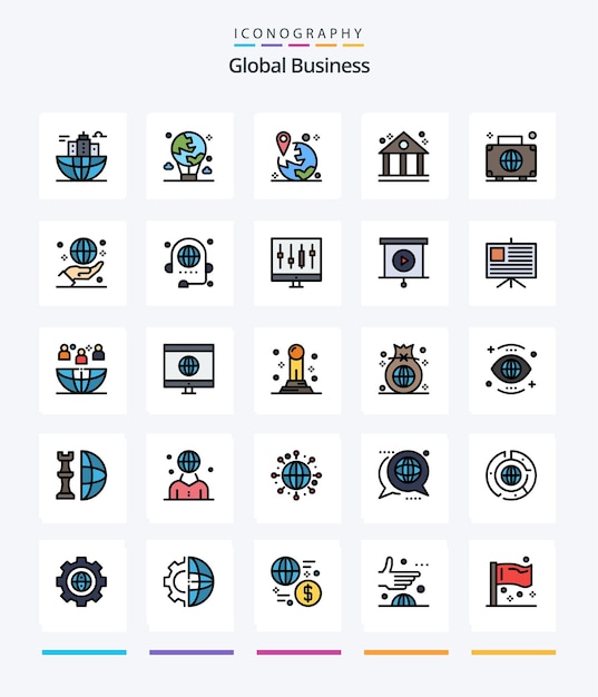 Free vector creative global business 25 line filled icon pack such as finance bank global navigation map