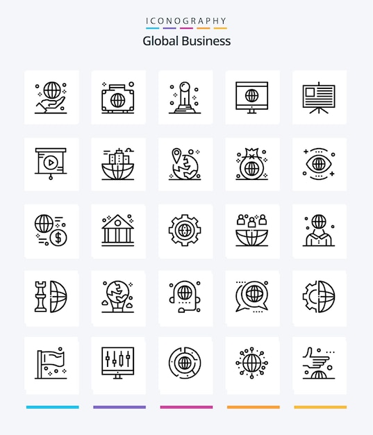 Pacchetto di icone creative global business 25 outline come il pegno globale internazionale di apprendimento aziendale