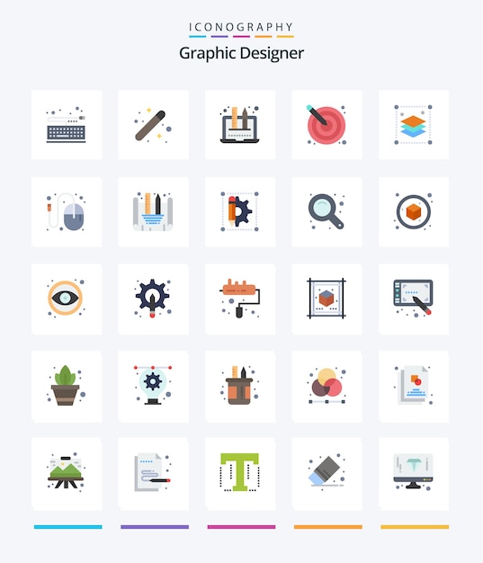 Бесплатное векторное изображение Креативный графический дизайнер 25 плоский набор иконок, таких как дизайн креативной графической художественной графики