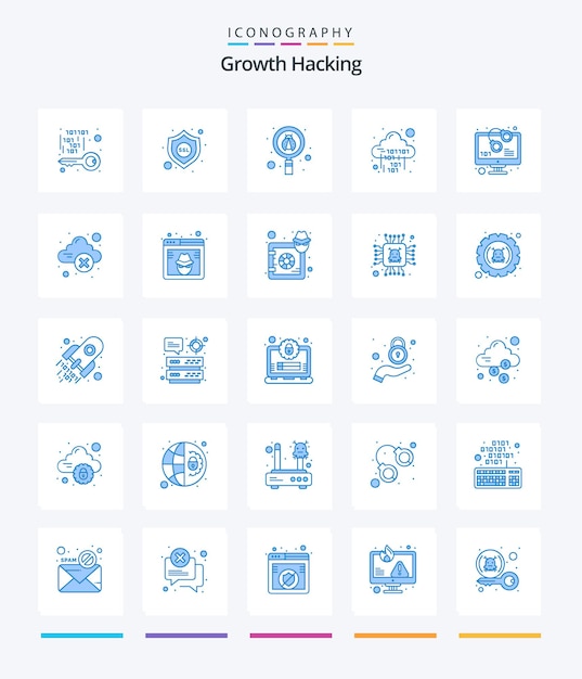 Creative hacking 25 pacchetto di icone blu come il codice binario del codice bug digitale