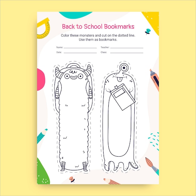 Creative hand-drawn back to school bookmark worksheet