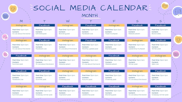 Vettore gratuito modello di calendario dei social media disegnato a mano creativo