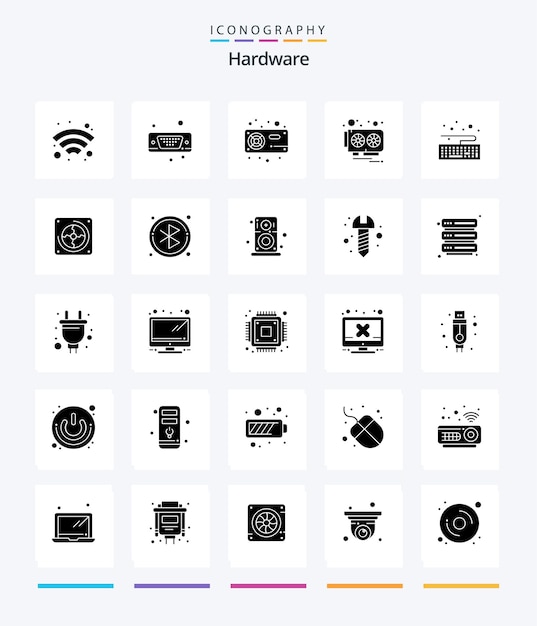 Бесплатное векторное изображение Пакет значков creative hardware 25 glyph solid black, такой как клавиатура, видеокарта, вентилятор, видеокарта