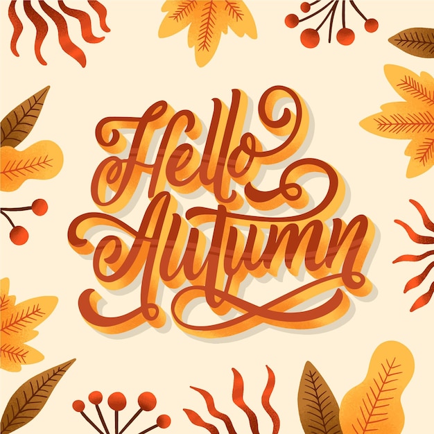 Creative hello autumn lettering with drawn leaves