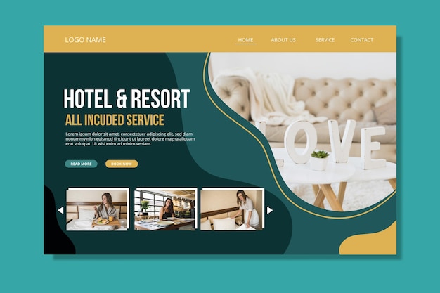 Vettore gratuito modello di pagina di destinazione dell'hotel creativo con foto