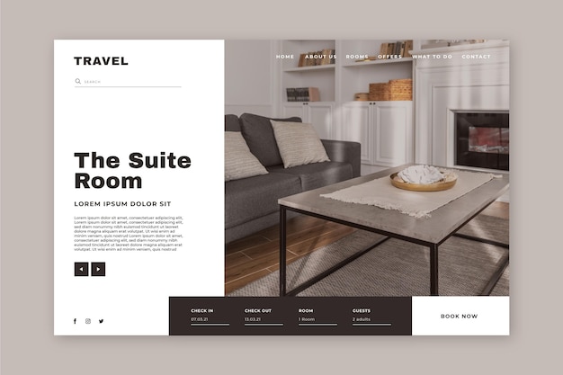 Free vector creative hotel landing page template with photo