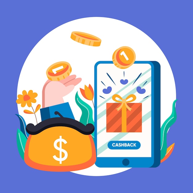 Illustrazione creativa del concetto di cashback con il telefono app