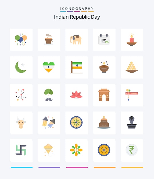 Творческий день индийской республики 25 плоский набор иконок, такой как свеча дивали, день африканской индийской республики, январь, индия