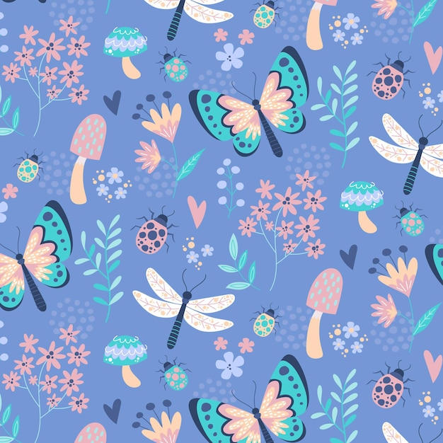 Free vector creative insects and flowers pattern design