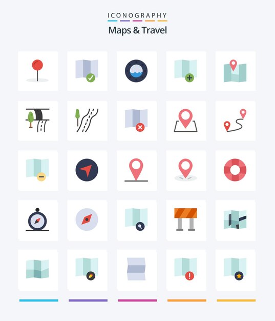 クリエイティブ マップ旅行 25 フラット アイコン パック旅行道路水ピンの場所など