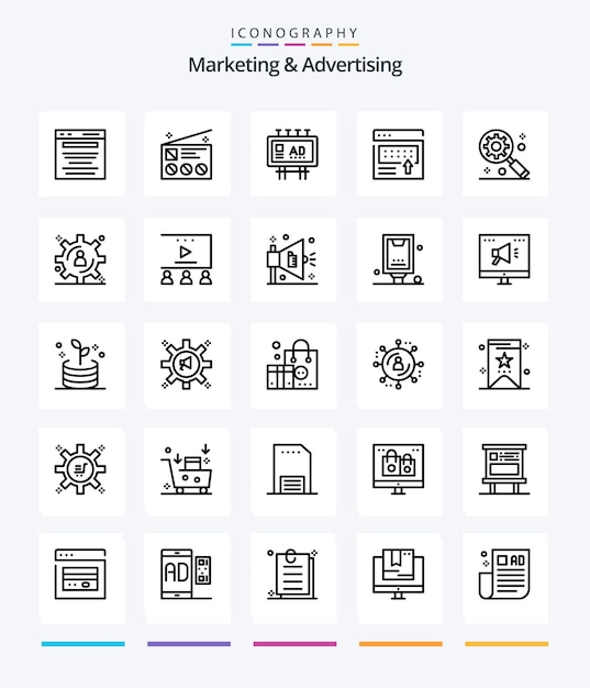 Креативный маркетинг и реклама 25 Набор значков OutLine, таких как баннерная реклама, новости, рекламный маркетинг