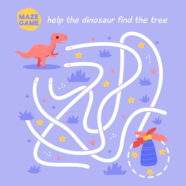 Free vector creative maze for kids worksheet with dinosaur