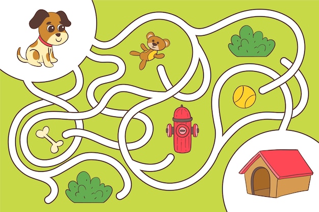 Free vector creative maze for kids worksheet with puppy