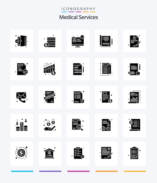 Creative medical services 25 glyph solid black icon pack come il sito web dell'ospedale medico medico riporta l'assistenza sanitaria