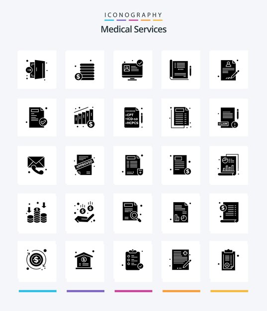 Пакет значков Creative Medical Services 25 Glyph Solid Black, такой как веб-сайт медицинской больницы, отчет о здравоохранении