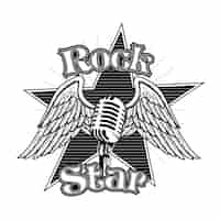 Бесплатное векторное изображение Творческий микрофон с крыльями векторные иллюстрации. монохромное ретро тату для рок-звезды с надписью