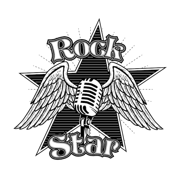 Creative mic with wings vector illustration. Monochrome retro tattoo for rock star with lettering