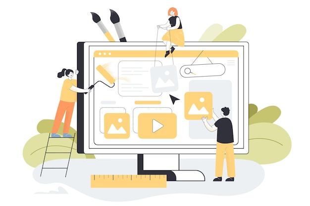ウェブサイトのインターフェースを変更するクリエイティブなミニデザイナー。ペンキとデジタルコンテンツフラットベクトルイラストでコンピューター画面を覆っている小さな人。チームワーク、バナーのマーケティング開発コンセプト