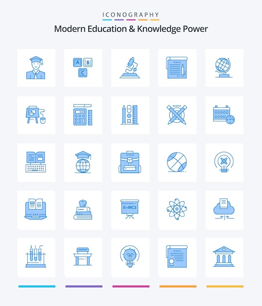 Creative modern education and knowledge power 25 blue icon pack such as world note knowledge notes zoom