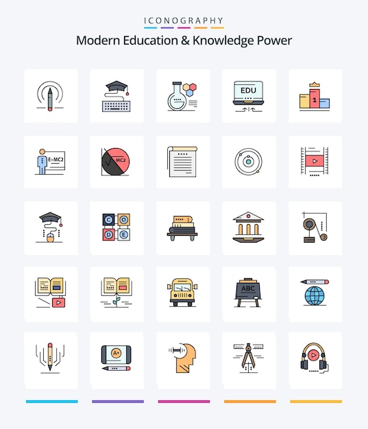 Creative modern education and knowledge power 25 line filled icon pack come il primo computer portatile con la freccia della chimica dell'istruzione