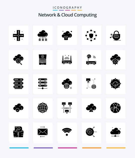 Пакет значков Creative Network And Cloud Computing 25 Glyph Solid Black, например, защита от блокировки загрузки с блокировкой паролем