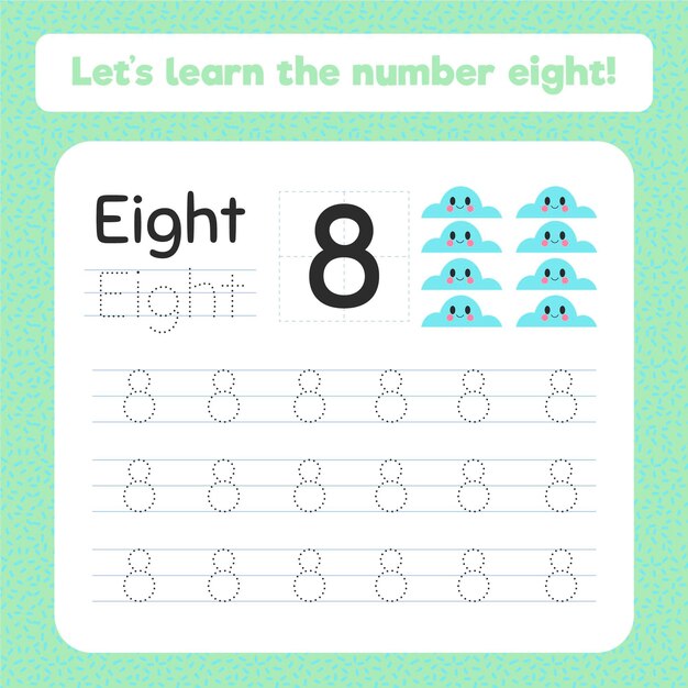 Creative number eight worksheet with clouds