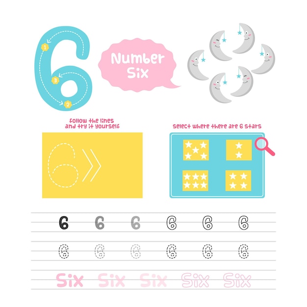 Free vector creative number six worksheet