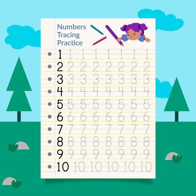 Free vector creative numbers tracing template with illustrations