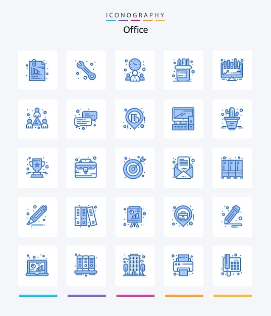 Бесплатное векторное изображение creative office 25 blue icon pack, такой как презентационный аналитик, бизнесмен поставляет офис