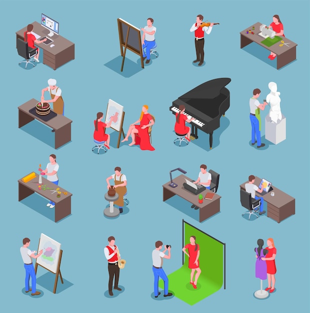 Free vector creative people professions artist isometric set of isolated human characters with their respective equipment with shadows vector illustration