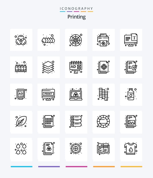 Бесплатное векторное изображение Креативная печать 25 набор значков outline, например, шрифт, цветовая палитра текста, экранная печать