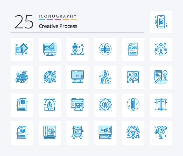 Free vector creative process 25 blue color icon pack including process tool design ruler creative