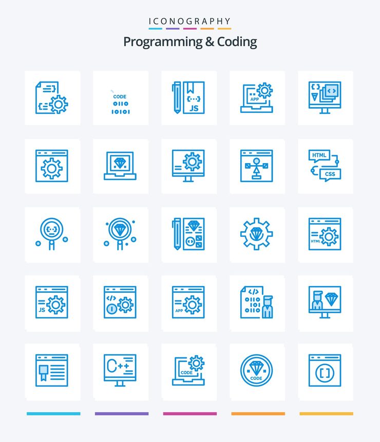 Free Vector creative programming and coding 25 blue icon pack such as development coding development programming develop