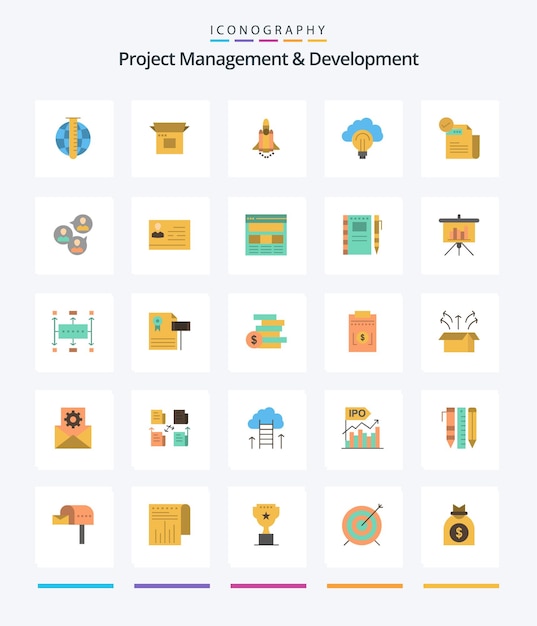 Креативное управление проектами и разработка 25 Плоский пакет значков, таких как маркетинг идеи фокуса светового продукта