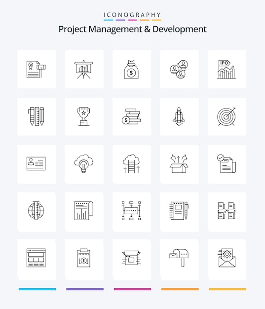창의적인 프로젝트 관리 및 개발 25 현대 초점 보고서 비즈니스 비즈니스와 같은 개요 아이콘 팩